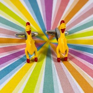 Hilarious rubber chicken men’s gag gift cuff links enamel and chrome.